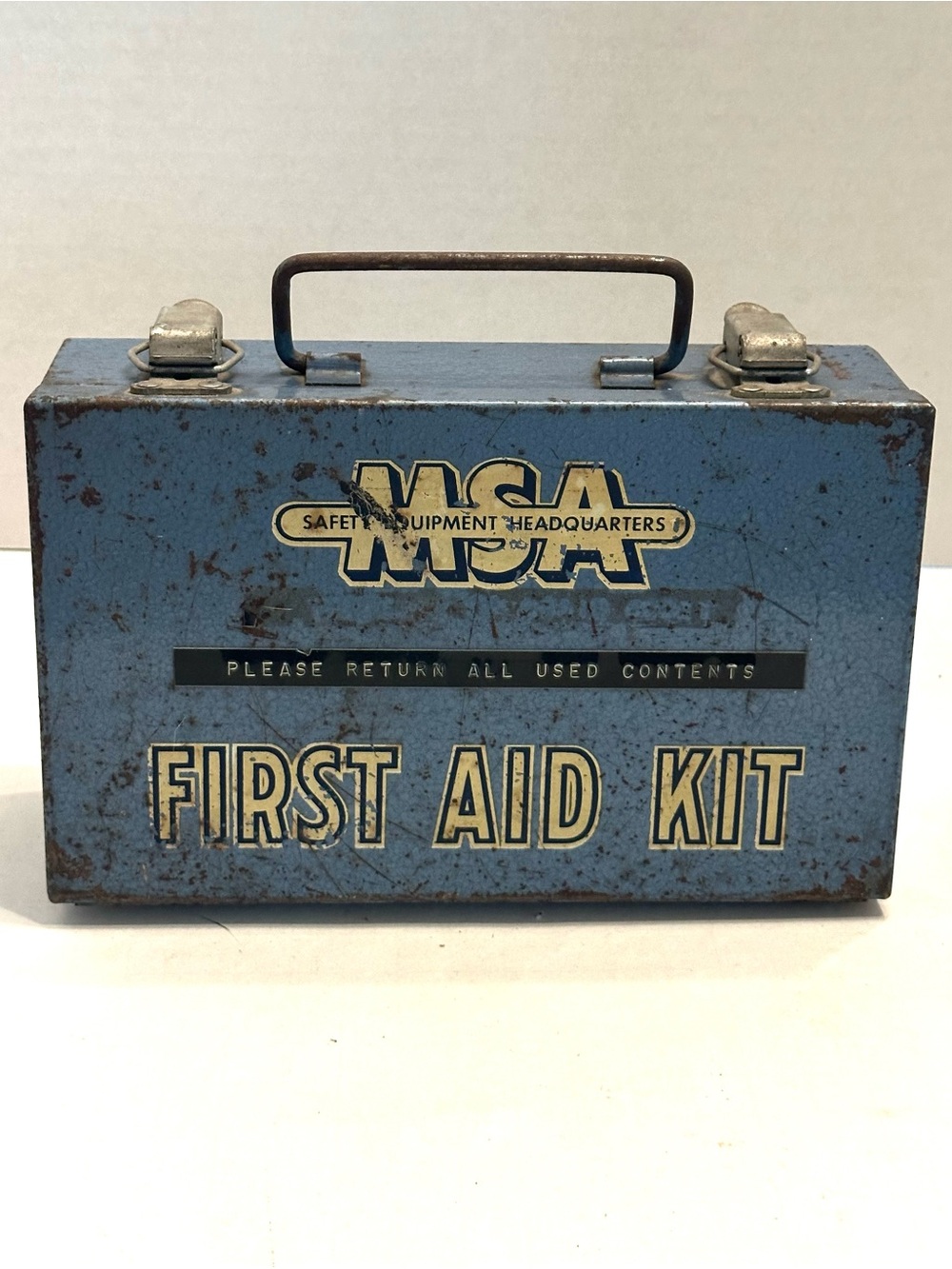 Empty Blue Hinged Metal First Aid Kit Vintage Wall Mountable